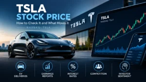 TSLA stock price chart showing Tesla shares, market trends, and key factors affecting stock movements