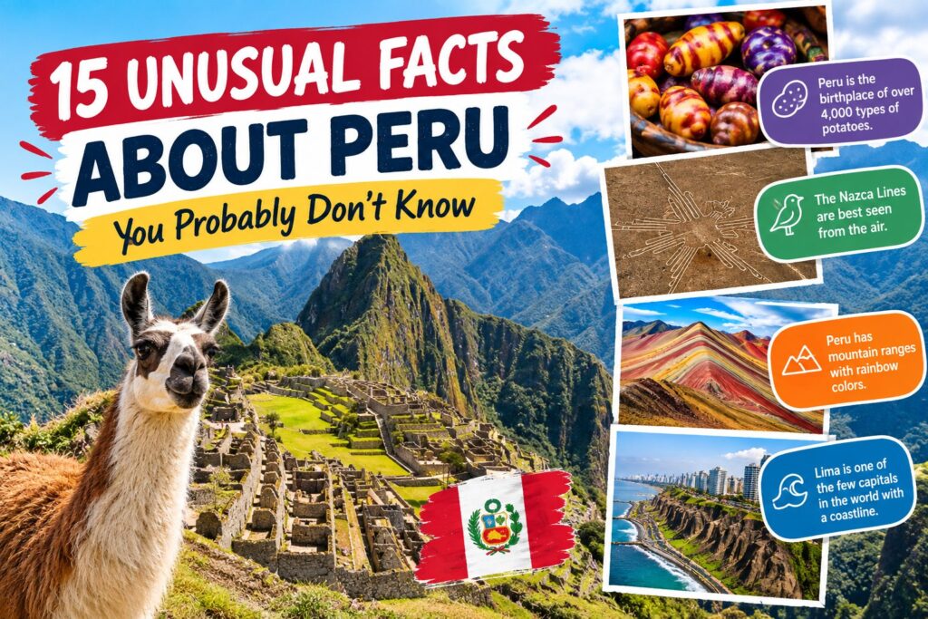 Unusual Facts About Peru including Machu Picchu, Nazca Lines, llamas, and Rainbow Mountain