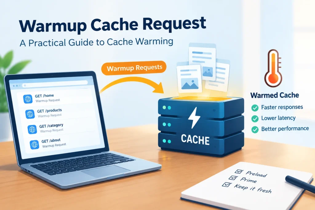 Warmup Cache Request guide showing cache warming, preload requests, and faster server responses