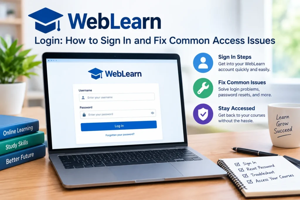 WebLearn Login page showing sign-in steps and solutions for common access issues
