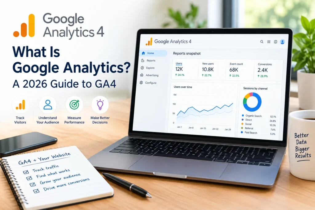 Google Analytics GA4 dashboard showing website traffic, audience insights, and performance metrics