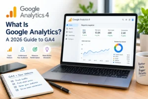 Google Analytics GA4 dashboard showing website traffic, audience insights, and performance metrics