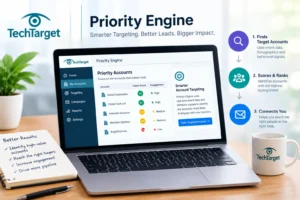TechTarget Priority Engine dashboard showing account intent scores and prioritized target accounts