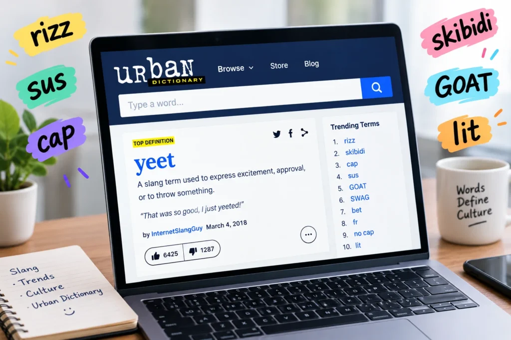 Urban Dictionary slang definitions and trending words displayed on a laptop