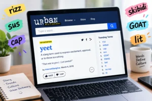 Urban Dictionary slang definitions and trending words displayed on a laptop
