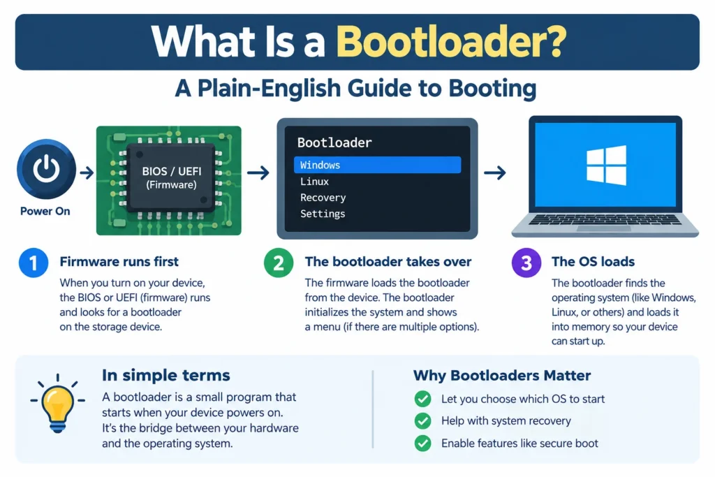 What Is a Bootloader – simple diagram showing how a bootloader starts and loads an operating system