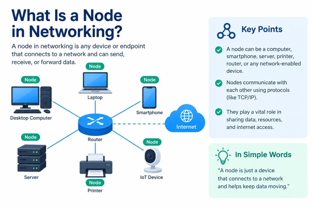 What is a node in networking showing connected computers, smartphones, servers, and network devices