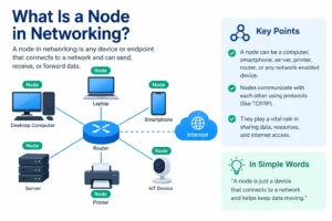 What is a node in networking showing connected computers, smartphones, servers, and network devices