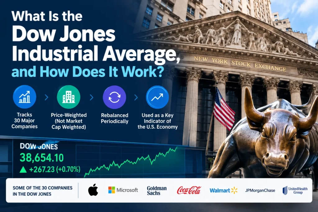 Dow Jones Industrial Average explained with stock market chart and Wall Street imagery