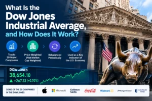 Dow Jones Industrial Average explained with stock market chart and Wall Street imagery