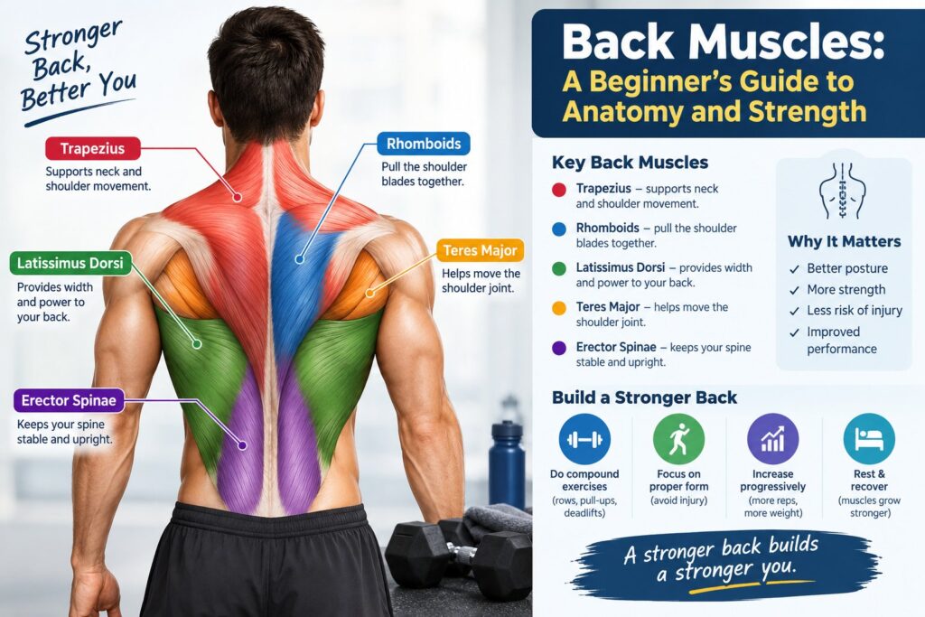 Back Muscles anatomy showing major muscle groups for beginners