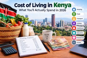 Cost of Living in Kenya in 2026 showing housing, food, transport, utilities, and monthly expenses