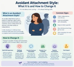 Avoidant Attachment Style infographic explaining common signs, emotional distance, and six practical ways to build trust, practice vulnerability, and develop healthier relationships.