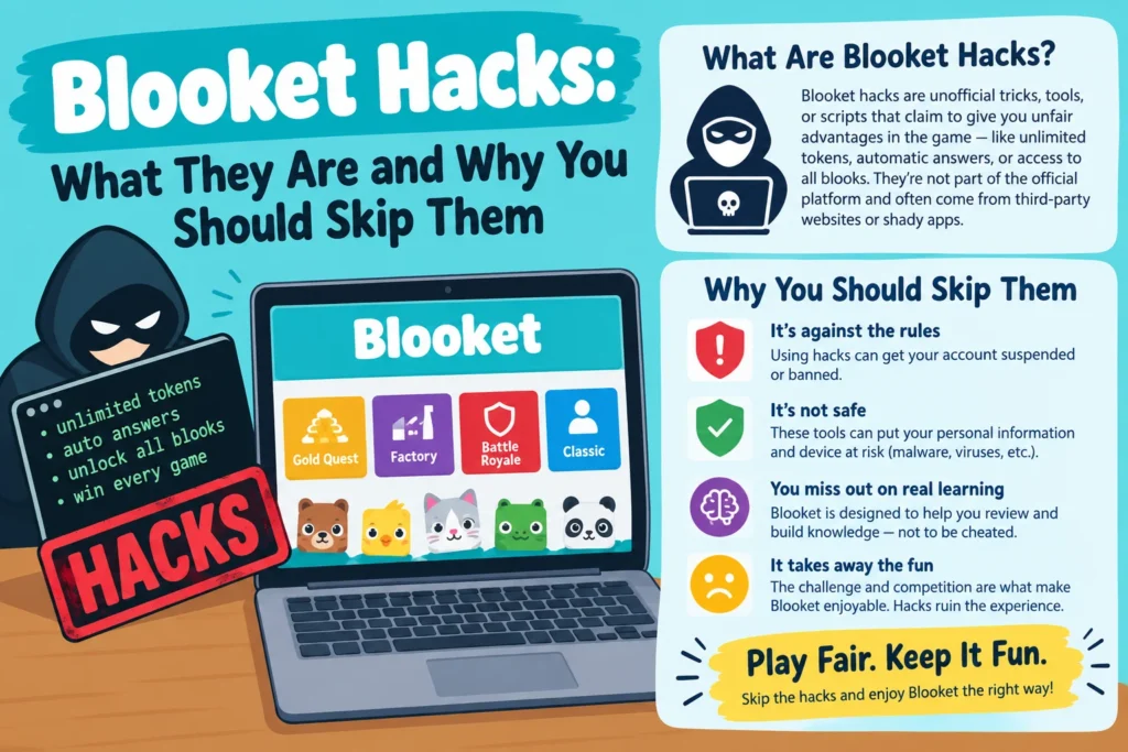 Blooket hacks explained in an educational infographic showing common cheating tools, account ban risks, security threats, and reasons to play Blooket fairly.