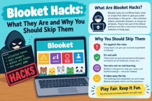 Blooket hacks explained in an educational infographic showing common cheating tools, account ban risks, security threats, and reasons to play Blooket fairly.