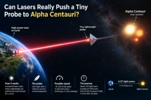 Alpha Centauri laser propulsion study showing a tiny probe propelled by a powerful laser beam toward Alpha Centauri