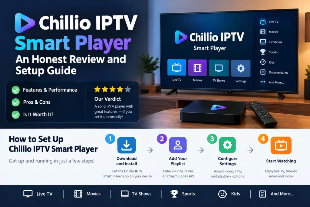 Chillio app IPTV Smart Player review and setup guide featuring the app interface, streaming categories, and step-by-step installation instructions.