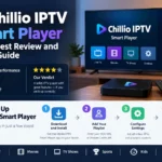 Chillio app IPTV Smart Player review and setup guide featuring the app interface, streaming categories, and step-by-step installation instructions.