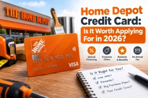 Home Depot credit card review 2026 showing the orange credit card, home improvement tools, and financing benefits.