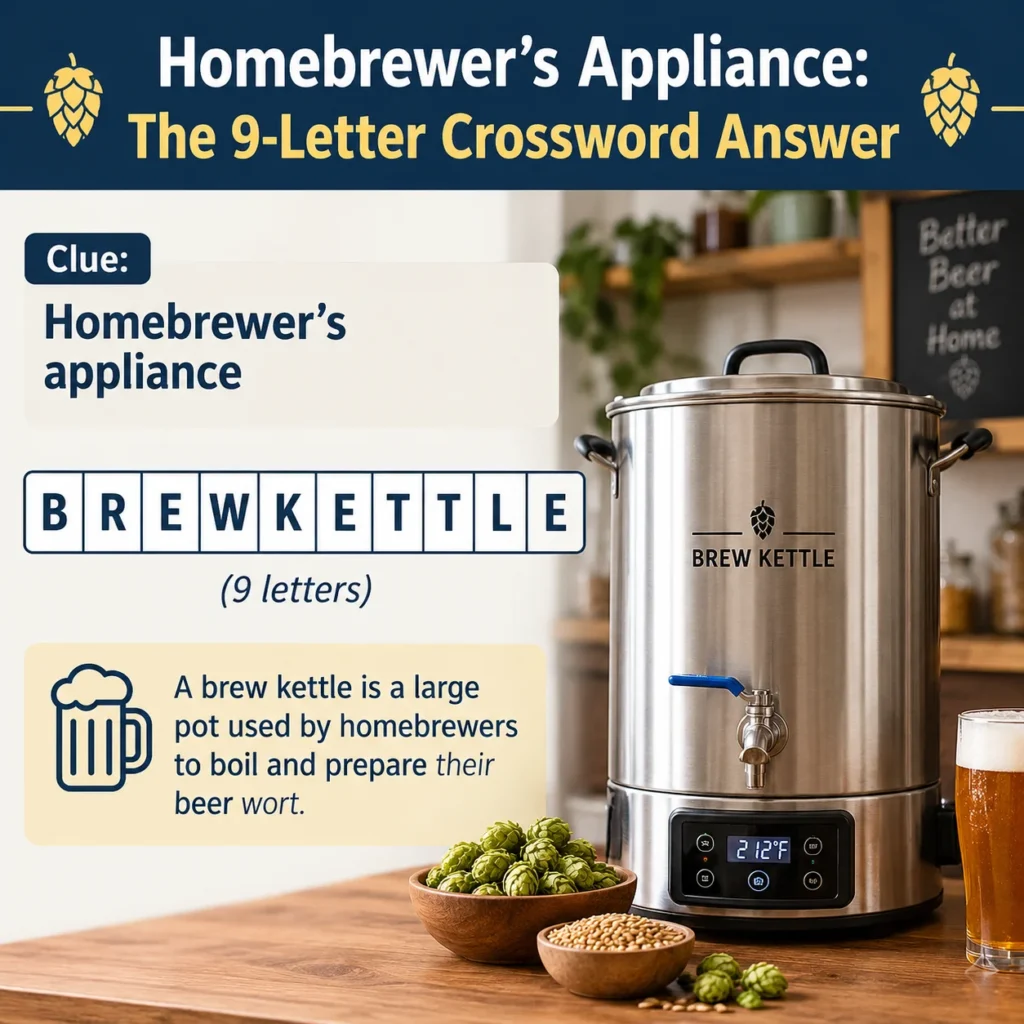 Homebrewer's appliance crossword clue featuring a stainless steel brew kettle, with the 9-letter answer highlighted alongside brewing ingredients and a glass of beer.