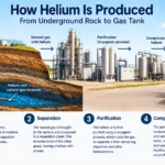 How is helium produced from underground rock through extraction, purification, and compression