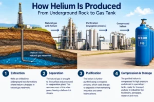 How is helium produced from underground rock through extraction, purification, and compression