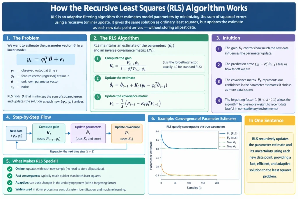Infographic explaining how the recursive least squares algorithm works, including mathematical formulas, step-by-step parameter updates, covariance matrix calculations, and convergence of parameter estimates.