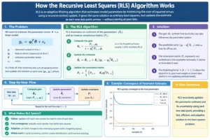 Infographic explaining how the recursive least squares algorithm works, including mathematical formulas, step-by-step parameter updates, covariance matrix calculations, and convergence of parameter estimates.