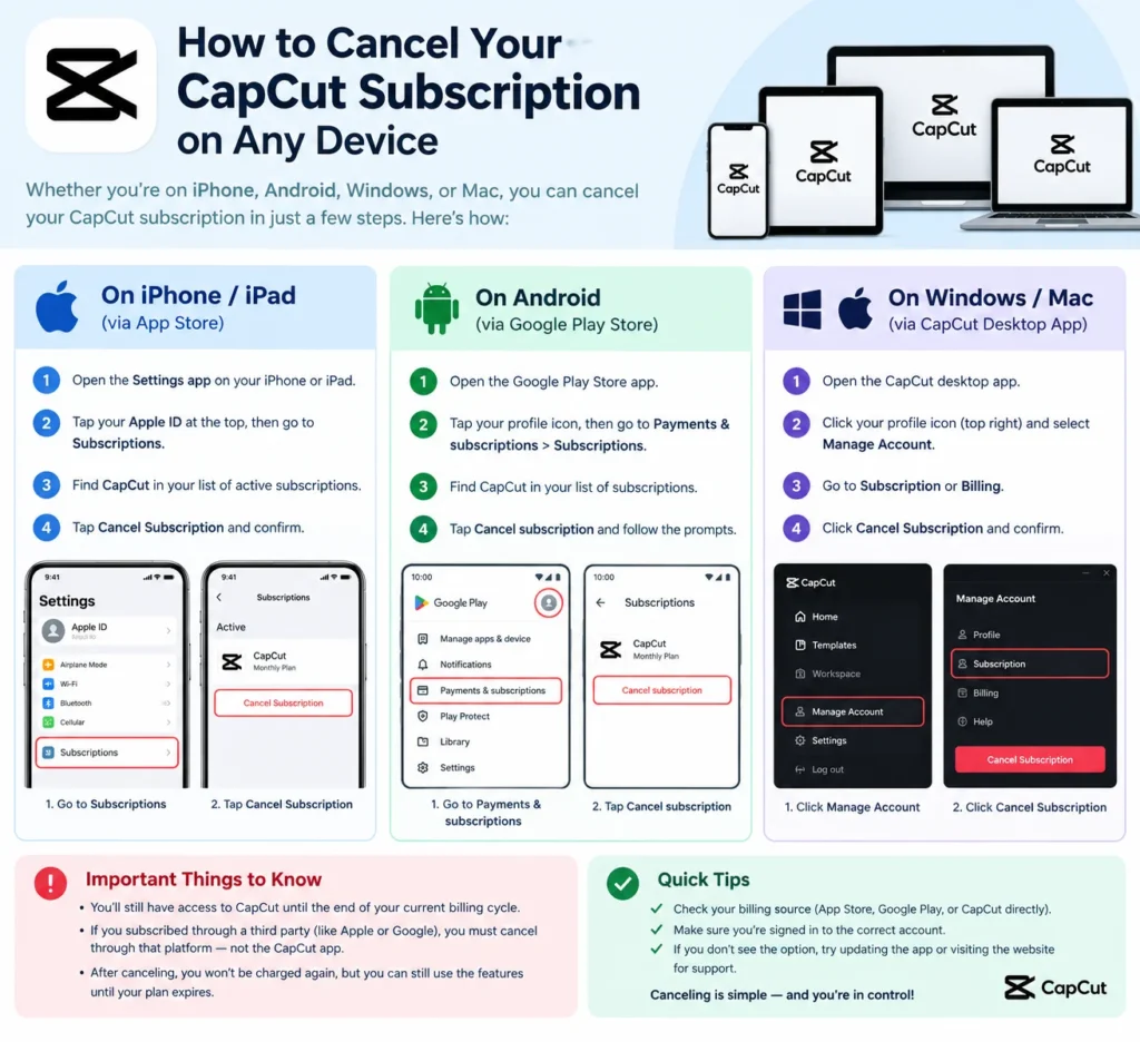 CapCut cancel subscription guide showing step-by-step instructions to cancel a CapCut subscription on iPhone, Android, Windows, and Mac.