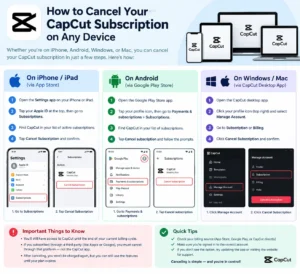 CapCut cancel subscription guide showing step-by-step instructions to cancel a CapCut subscription on iPhone, Android, Windows, and Mac.