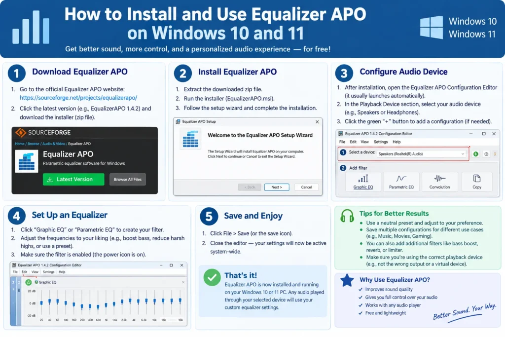 Step-by-step guide to install and use Equalizer APO on Windows 10 and 11, including downloading, installation, audio device configuration, and equalizer settings.