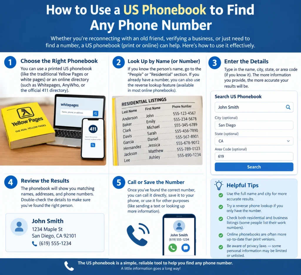 US Phonebook guide showing how to find phone numbers using online directories, residential listings, names, and location details.