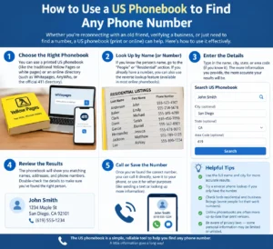 US Phonebook guide showing how to find phone numbers using online directories, residential listings, names, and location details.