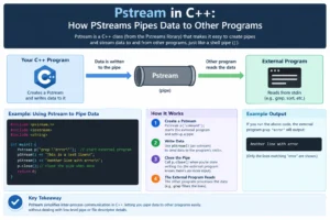 Pstream in C++ illustration showing how Pstream pipes data from a C++ program to external programs using streams, with a code example and step-by-step explanation.