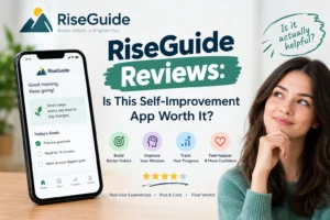 RiseGuide reviews exploring whether the RiseGuide self-improvement app is worth it, featuring a smartphone with habit-tracking tools, personal growth goals, progress monitoring, and a woman considering its benefits.