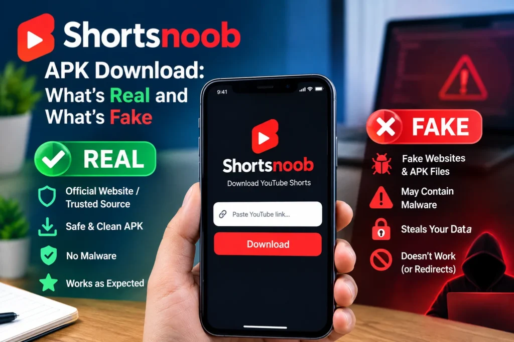 Shortsnoob download apk guide showing real versus fake APK files, safe download sources, and potential malware risks.