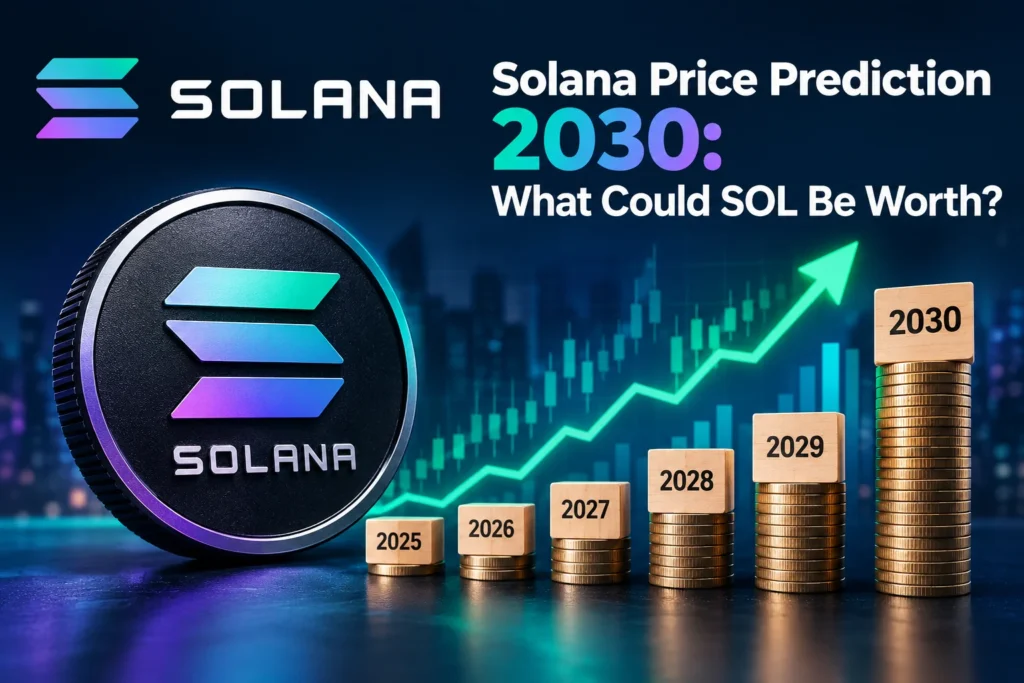 Solana price prediction 2030 showing SOL coin, rising price chart, and projected growth toward 2030