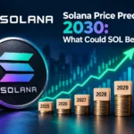 Solana price prediction 2030 showing SOL coin, rising price chart, and projected growth toward 2030