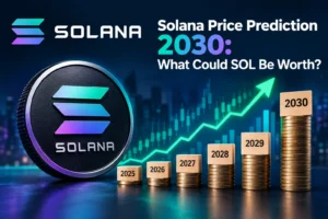 Solana price prediction 2030 showing SOL coin, rising price chart, and projected growth toward 2030