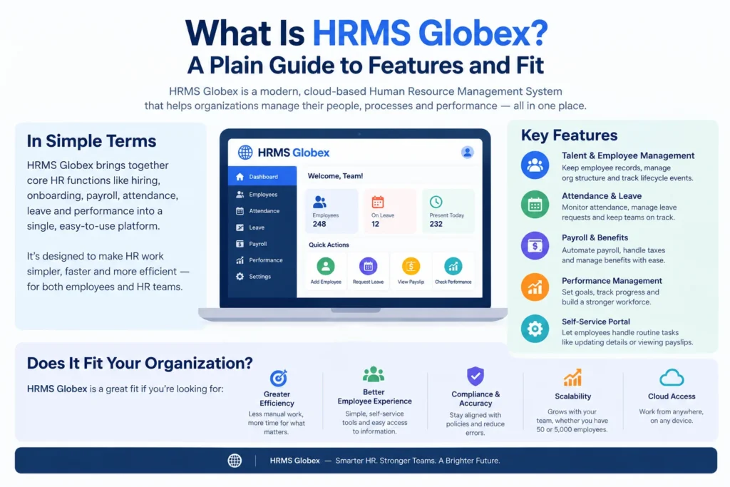 HRMS Globex infographic explaining its key HRMS features, including employee management, attendance and leave tracking, payroll and benefits, performance management, and employee self-service, with an overview of organizational benefits such as efficiency, compliance, scalability, and cloud access.