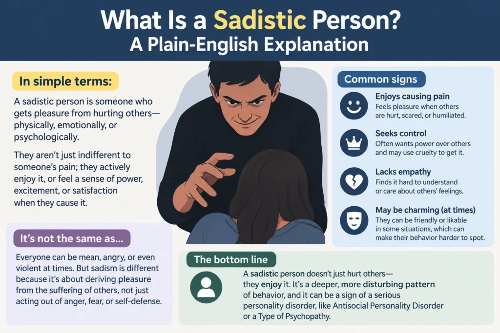 What Is a Sadistic Person? Infographic explaining the meaning of sadism, common signs of a sadistic person, lack of empathy, controlling behavior, and pleasure in causing emotional or physical pain.