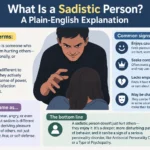 What Is a Sadistic Person? Infographic explaining the meaning of sadism, common signs of a sadistic person, lack of empathy, controlling behavior, and pleasure in causing emotional or physical pain.