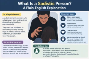What Is a Sadistic Person? Infographic explaining the meaning of sadism, common signs of a sadistic person, lack of empathy, controlling behavior, and pleasure in causing emotional or physical pain.