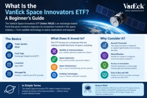 VanEck Space Innovators ETF beginner’s guide infographic explaining RKLB, space industry investments, growth potential, diversification, and key investment risks.