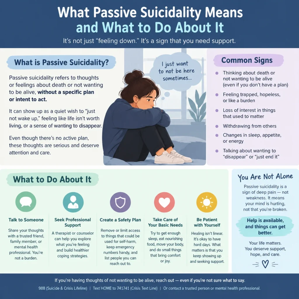 Infographic explaining what passive suicidality means, common warning signs, practical coping strategies, and ways to seek mental health support.