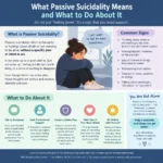 Infographic explaining what passive suicidality means, common warning signs, practical coping strategies, and ways to seek mental health support.