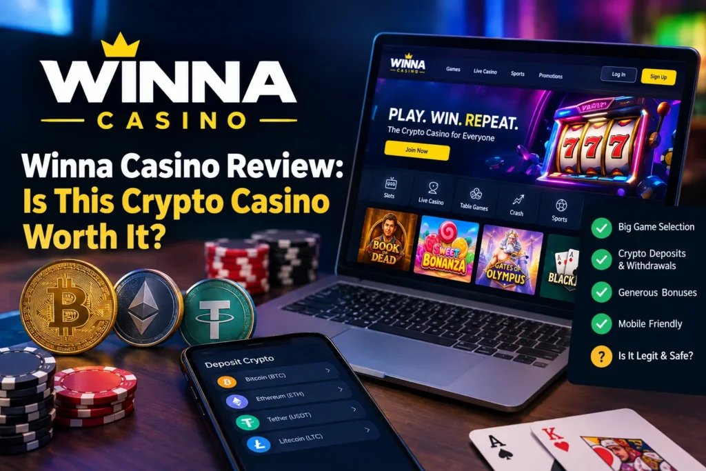 Winna review of the crypto casino, featuring online casino games, cryptocurrency deposits, bonuses, and gaming options.